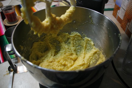 Butter and sugar, eggs and vanilla, all beaten up good!